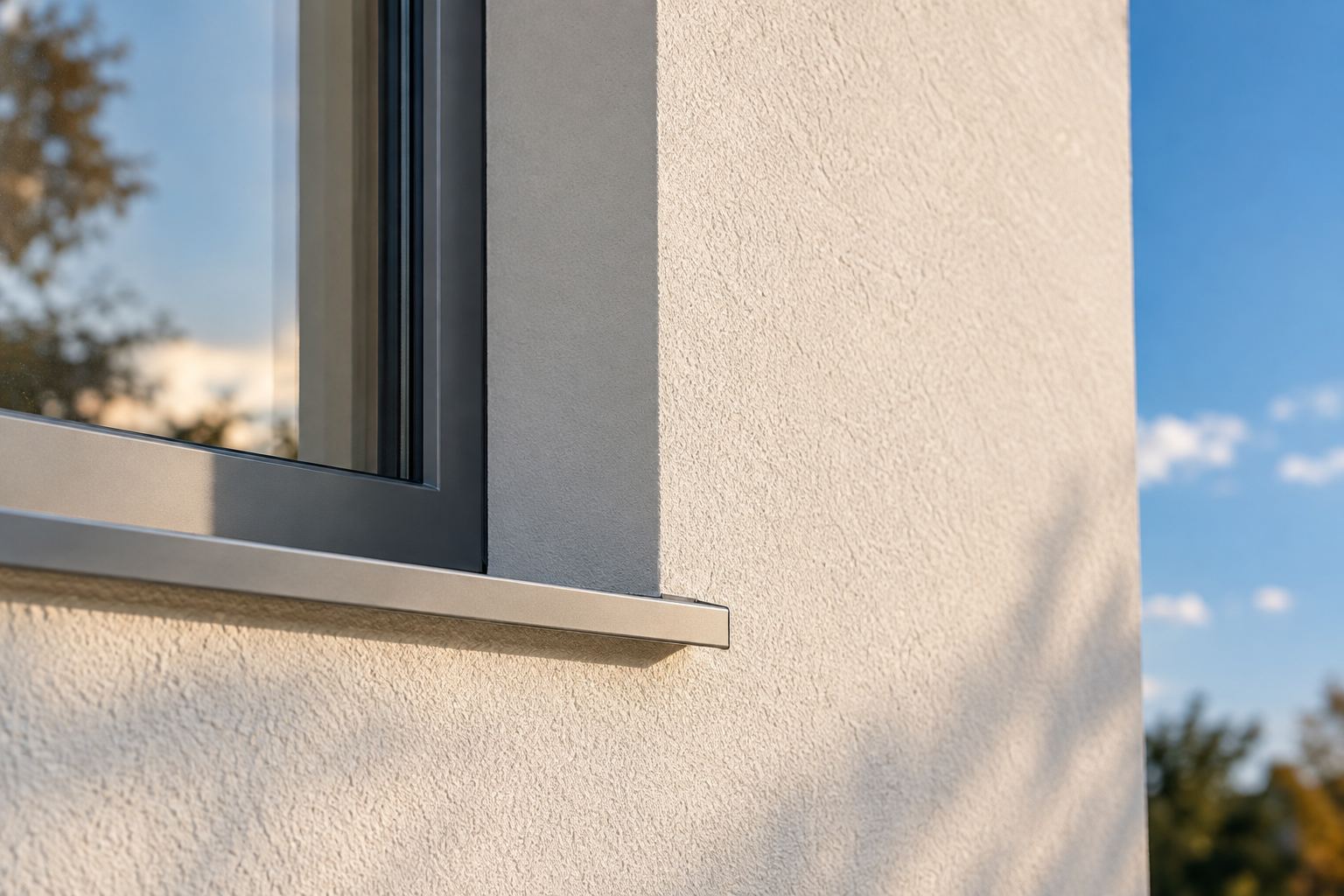 Hell verputzte Fassade mit glatter Fensterlaibung und Aluminium-Fensterbank im Abendlicht