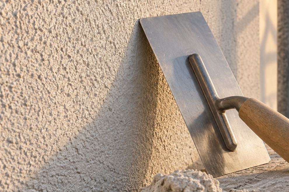 Glättkelle mit Holzgriff lehnt an einer frisch verputzten Wand mit grober Struktur
